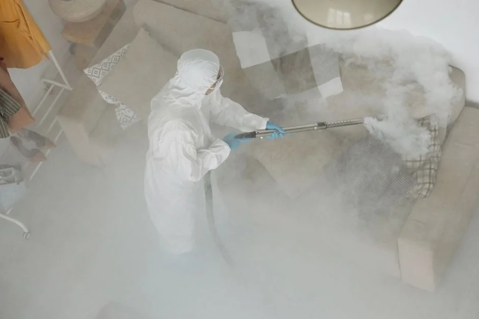 Agent d’entretien nettoyant le sol dans un environnement de laboratoire